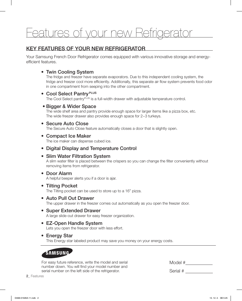 Features of your new refrigerator | Samsung RFG293HAWP-XAA User Manual | Page 2 / 76