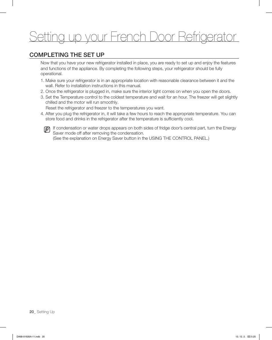 Setting up your french door refrigerator, Completing the set up | Samsung RFG293HAWP-XAA User Manual | Page 20 / 76