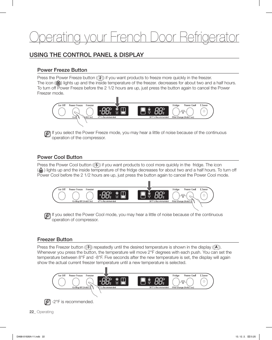 Operating your french door refrigerator, Using the control panel & display | Samsung RFG293HAWP-XAA User Manual | Page 22 / 76