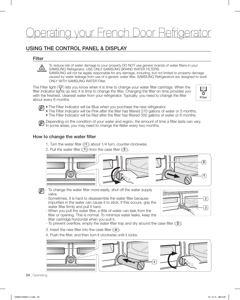 Operating your french door refrigerator, Using the control panel & display | Samsung RFG293HAWP-XAA User Manual | Page 24 / 76