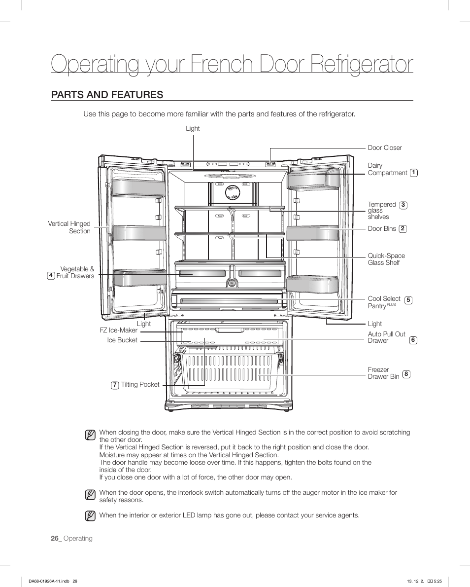 Operating your french door refrigerator, Parts and features | Samsung RFG293HAWP-XAA User Manual | Page 26 / 76