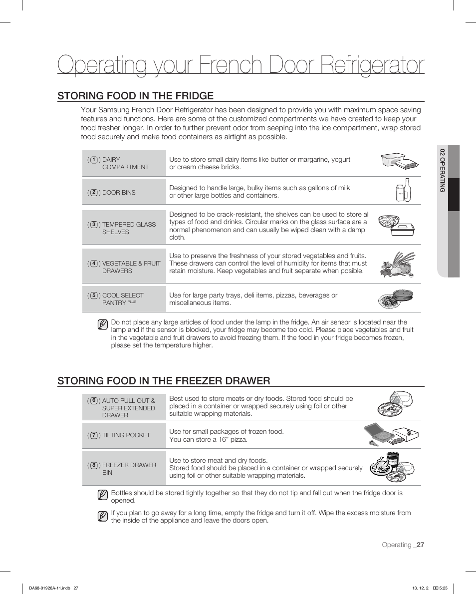Operating your french door refrigerator, Storing food in the fridge, Storing food in the freezer drawer | Samsung RFG293HAWP-XAA User Manual | Page 27 / 76