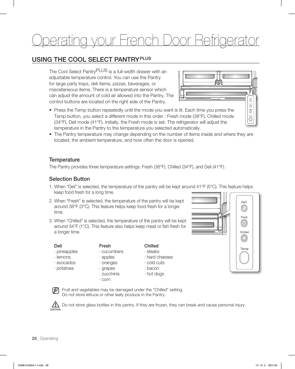 Operating your french door refrigerator, Using the cool select pantry | Samsung RFG293HAWP-XAA User Manual | Page 28 / 76