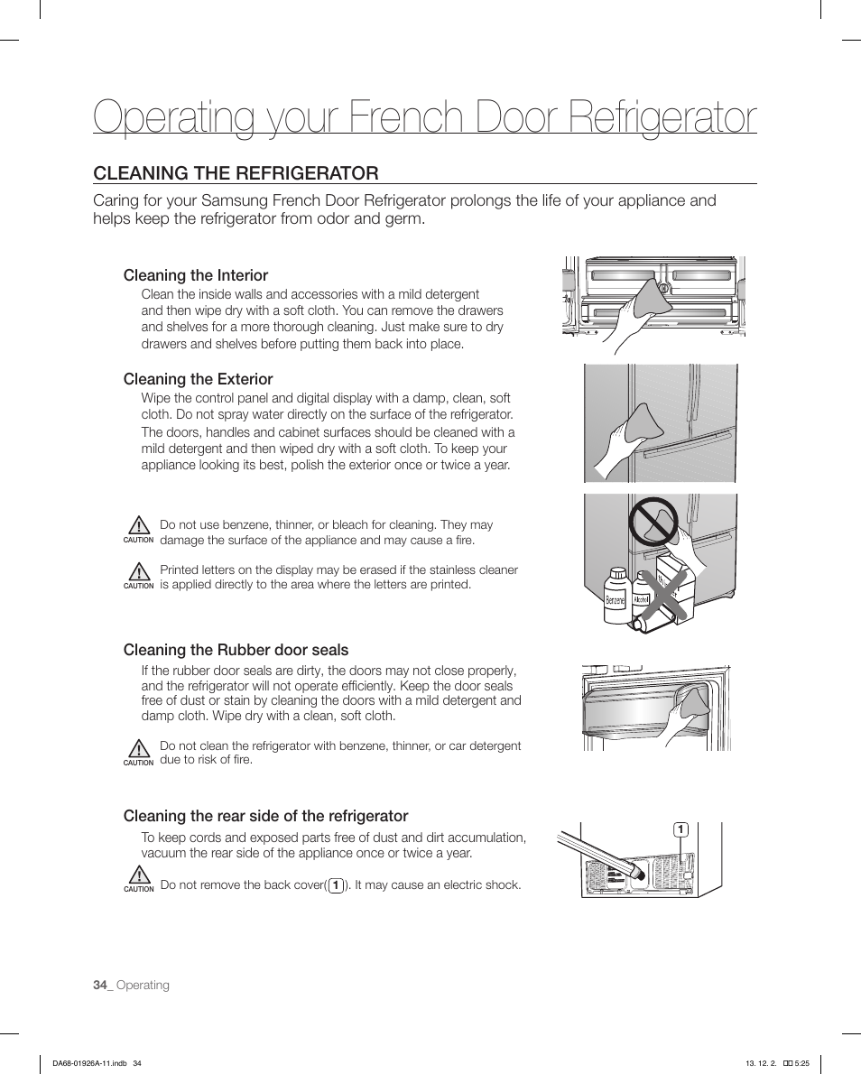 Operating your french door refrigerator, Cleaning the refrigerator | Samsung RFG293HAWP-XAA User Manual | Page 34 / 76