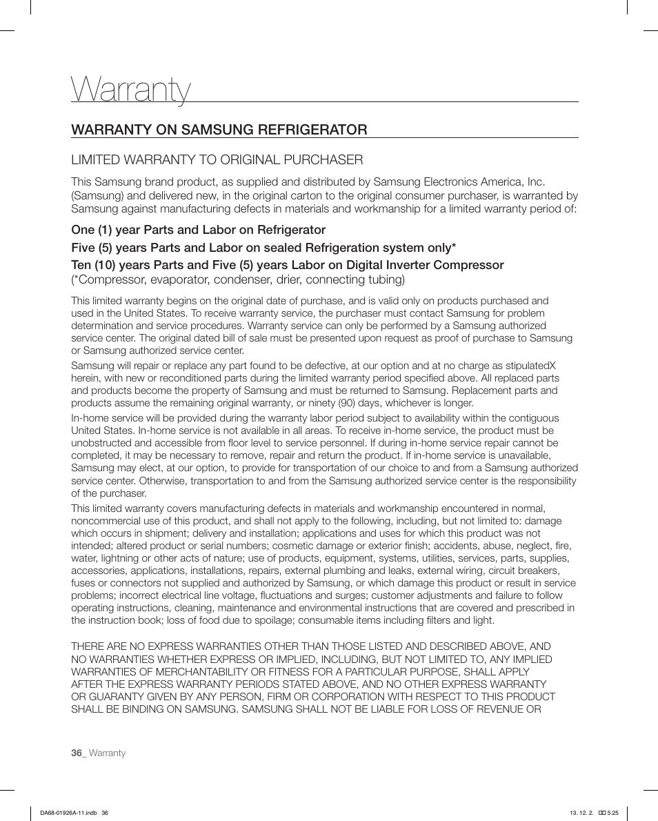 Warranty | Samsung RFG293HAWP-XAA User Manual | Page 36 / 76