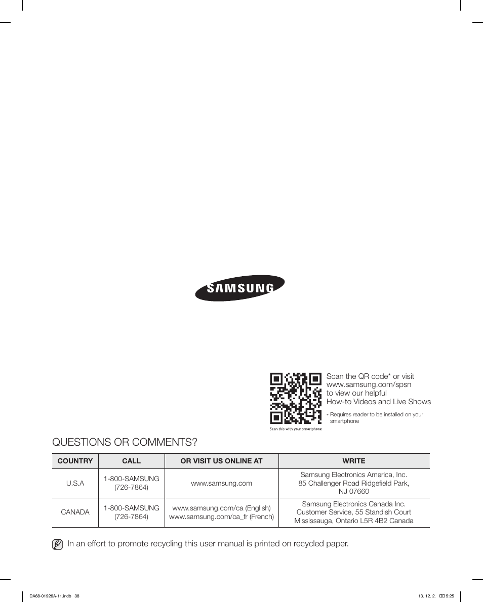 Questions or comments | Samsung RFG293HAWP-XAA User Manual | Page 38 / 76