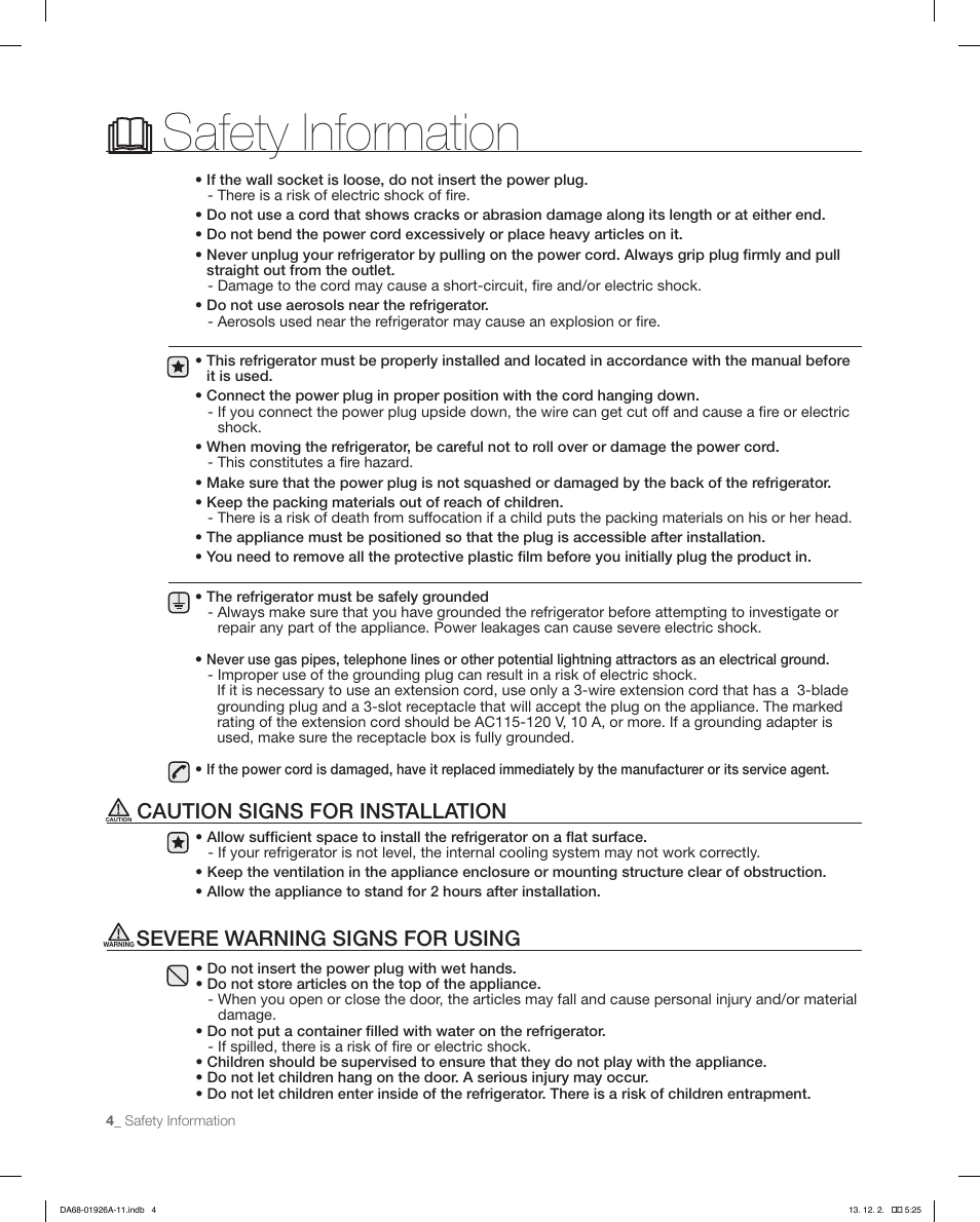 Safety information, Caution signs for installation, Severe warning signs for using | Samsung RFG293HAWP-XAA User Manual | Page 4 / 76