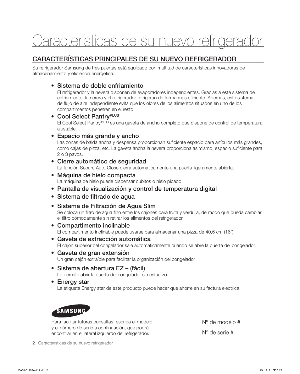 Características de su nuevo refrigerador | Samsung RFG293HAWP-XAA User Manual | Page 40 / 76
