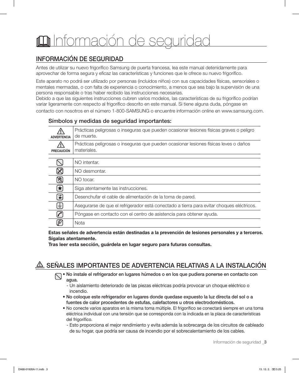 Información de seguridad | Samsung RFG293HAWP-XAA User Manual | Page 41 / 76
