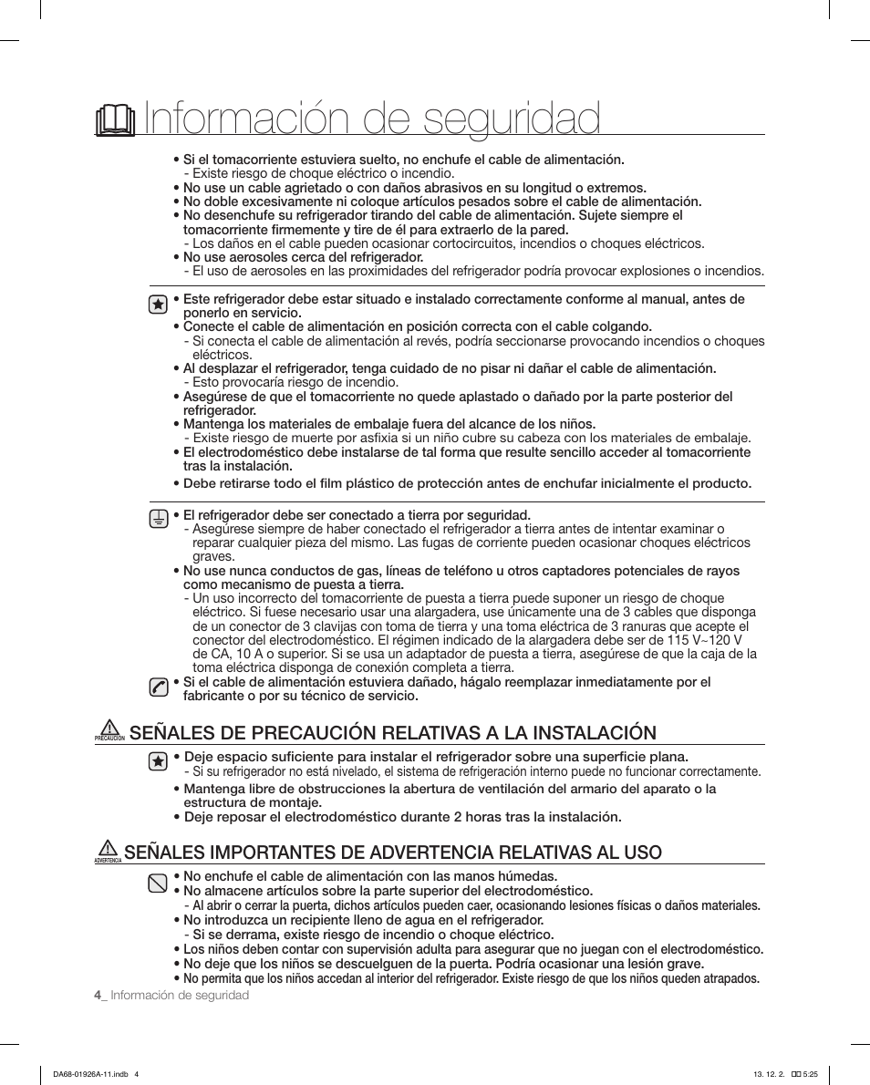 Información de seguridad, Señales de precaución relativas a la instalación | Samsung RFG293HAWP-XAA User Manual | Page 42 / 76