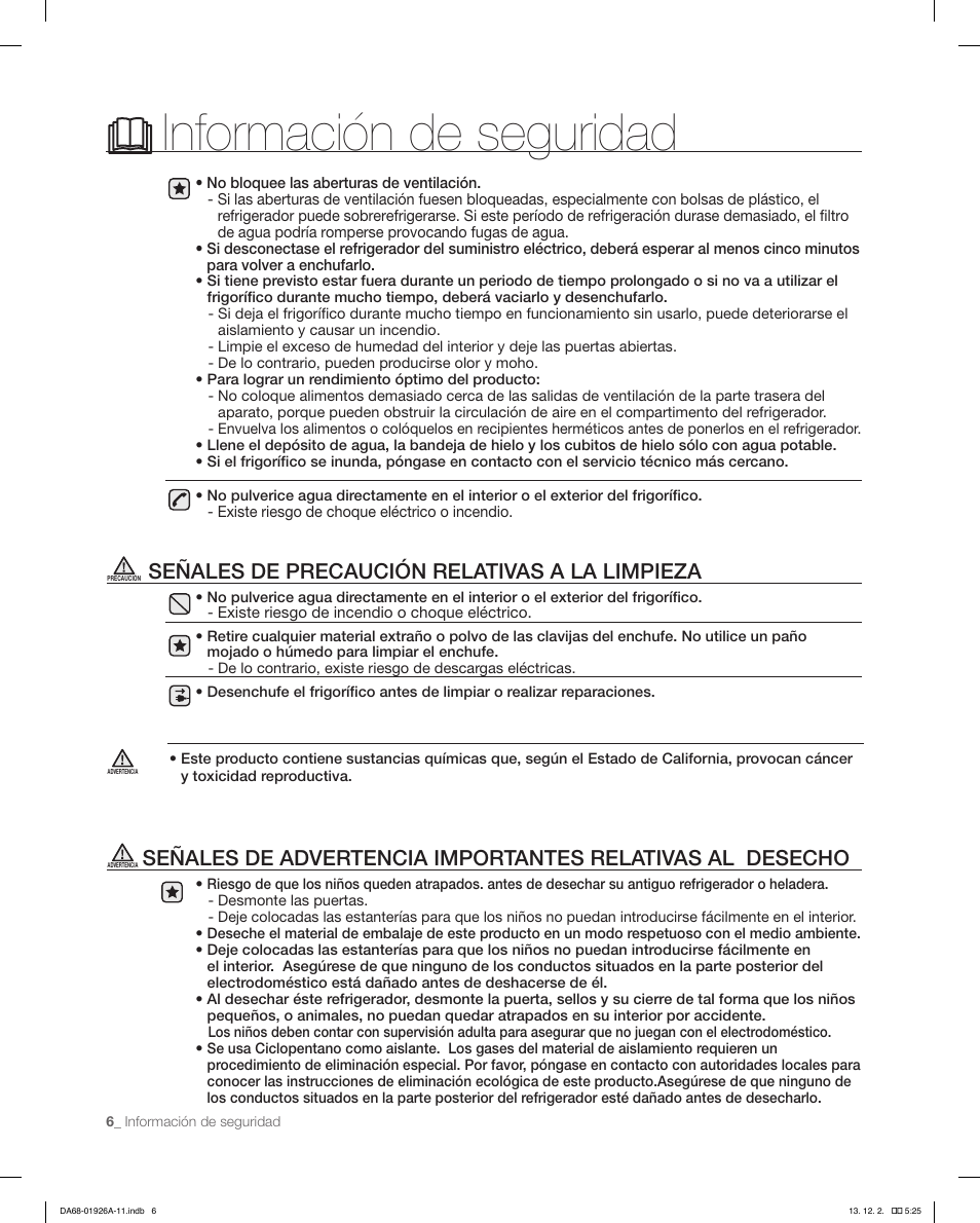 Información de seguridad, Señales de precaución relativas a la limpieza | Samsung RFG293HAWP-XAA User Manual | Page 44 / 76