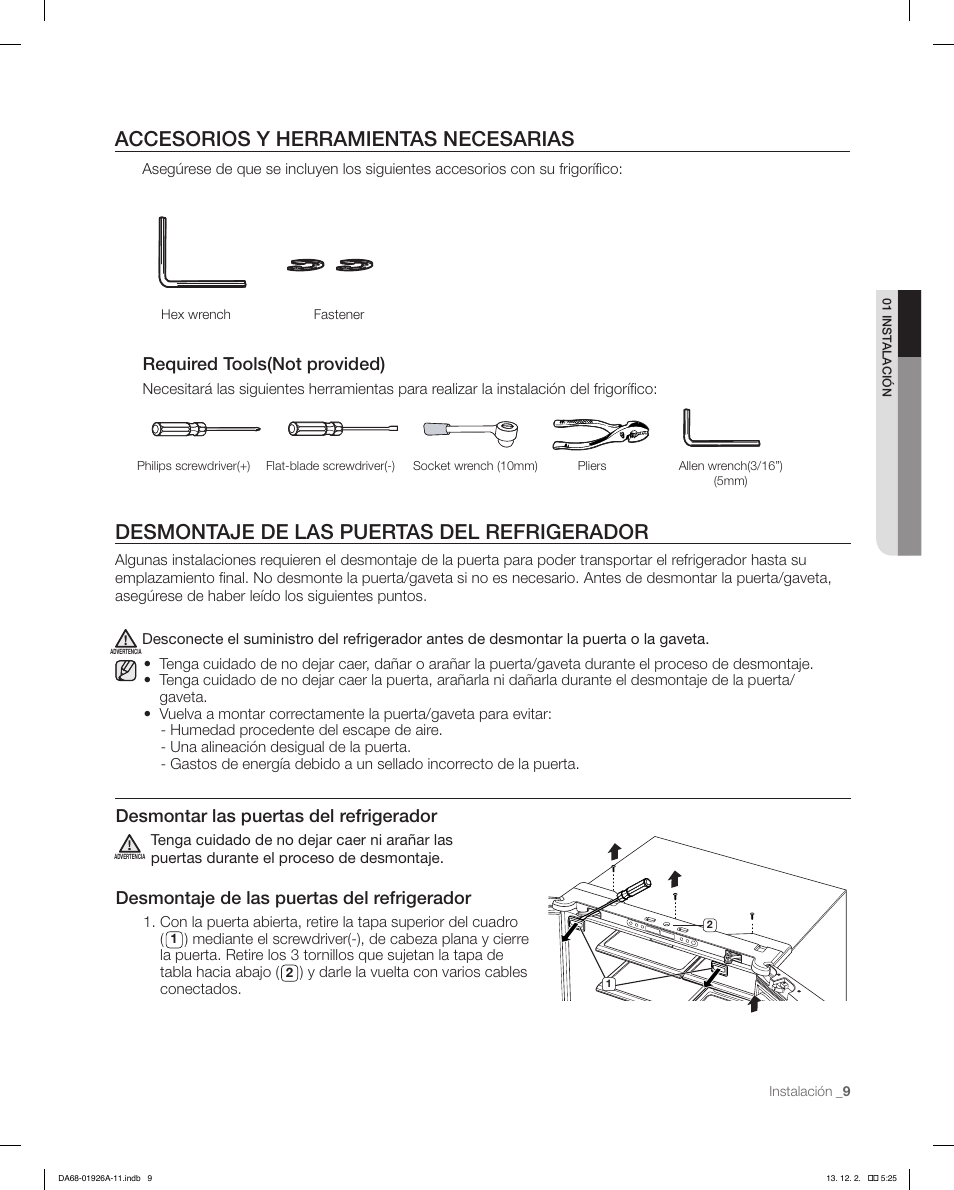 Accesorios y herramientas necesarias, Desmontaje de las puertas del refrigerador, Required tools(not provided) | Desmontar las puertas del refrigerador | Samsung RFG293HAWP-XAA User Manual | Page 47 / 76