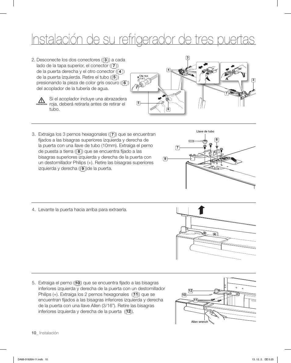Instalación de su refrigerador de tres puertas | Samsung RFG293HAWP-XAA User Manual | Page 48 / 76