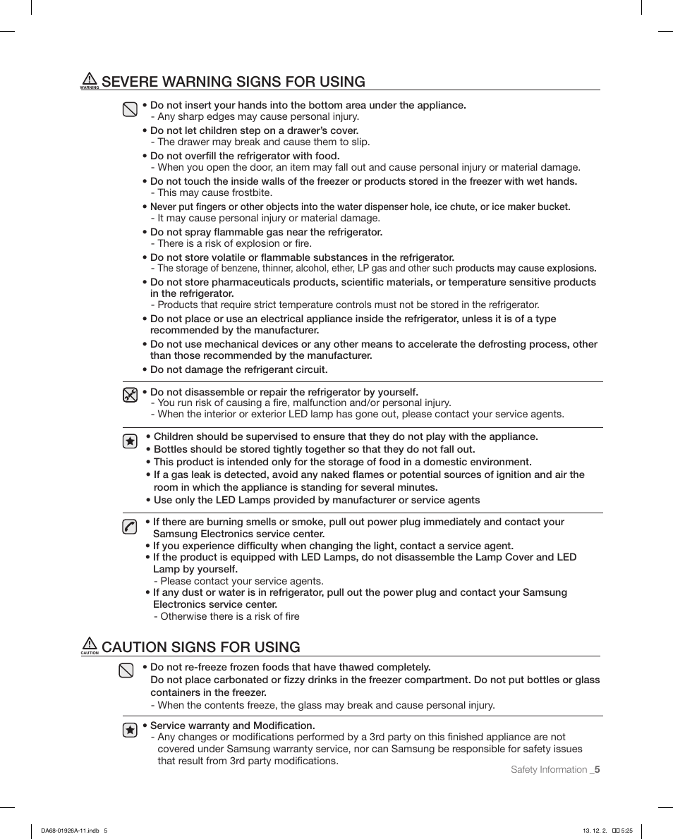 Severe warning signs for using, Caution signs for using | Samsung RFG293HAWP-XAA User Manual | Page 5 / 76