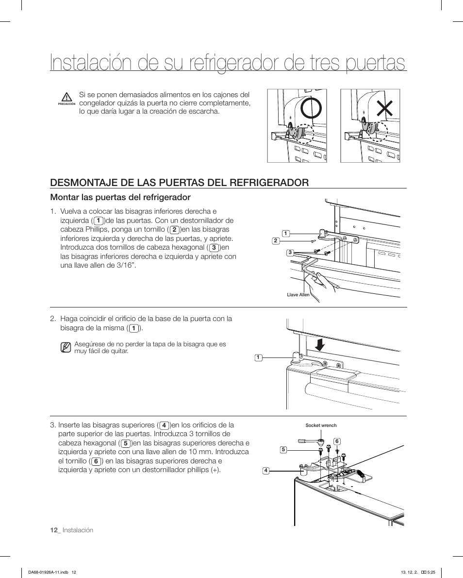 Instalación de su refrigerador de tres puertas, Desmontaje de las puertas del refrigerador, Montar las puertas del refrigerador | Samsung RFG293HAWP-XAA User Manual | Page 50 / 76