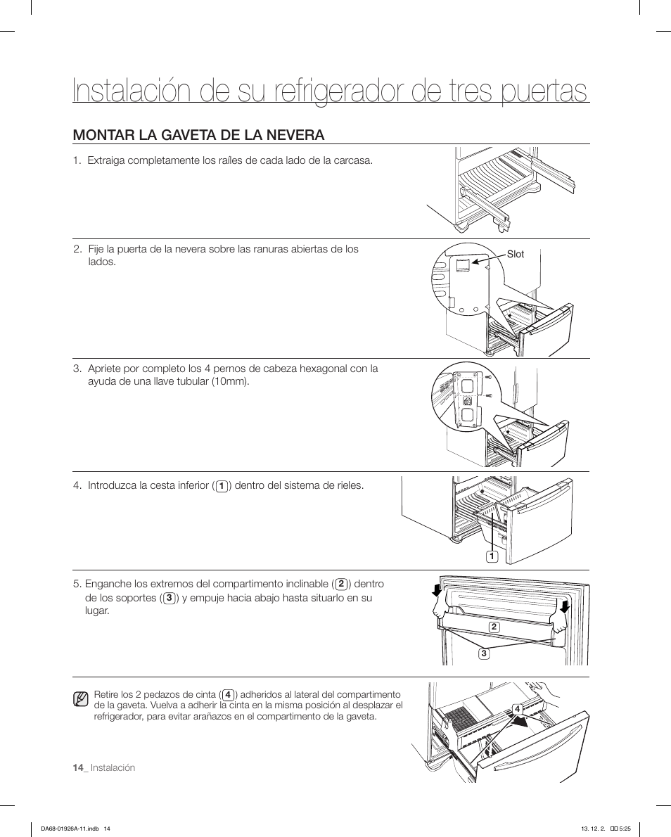 Instalación de su refrigerador de tres puertas, Montar la gaveta de la nevera | Samsung RFG293HAWP-XAA User Manual | Page 52 / 76