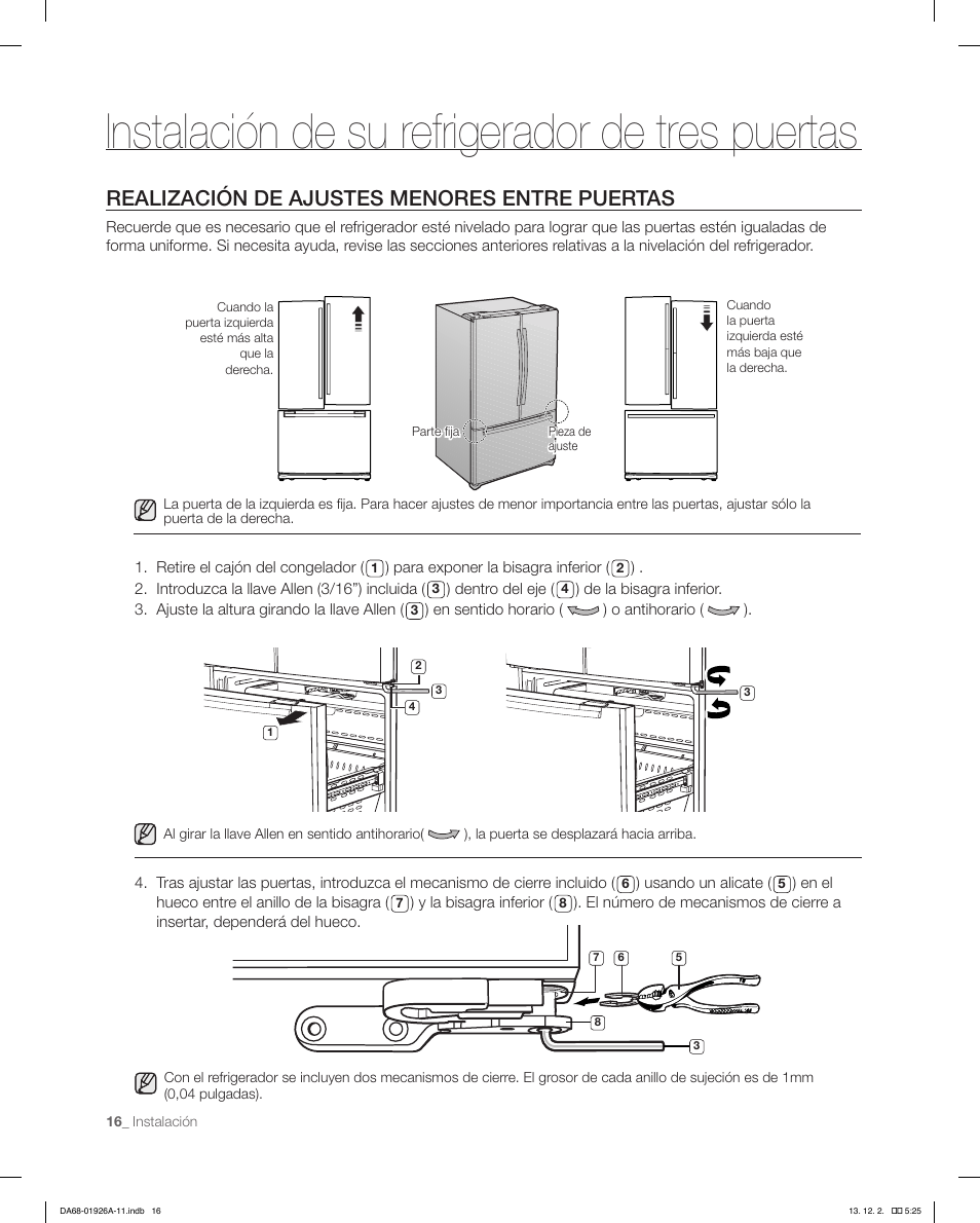 Instalación de su refrigerador de tres puertas, Realización de ajustes menores entre puertas | Samsung RFG293HAWP-XAA User Manual | Page 54 / 76