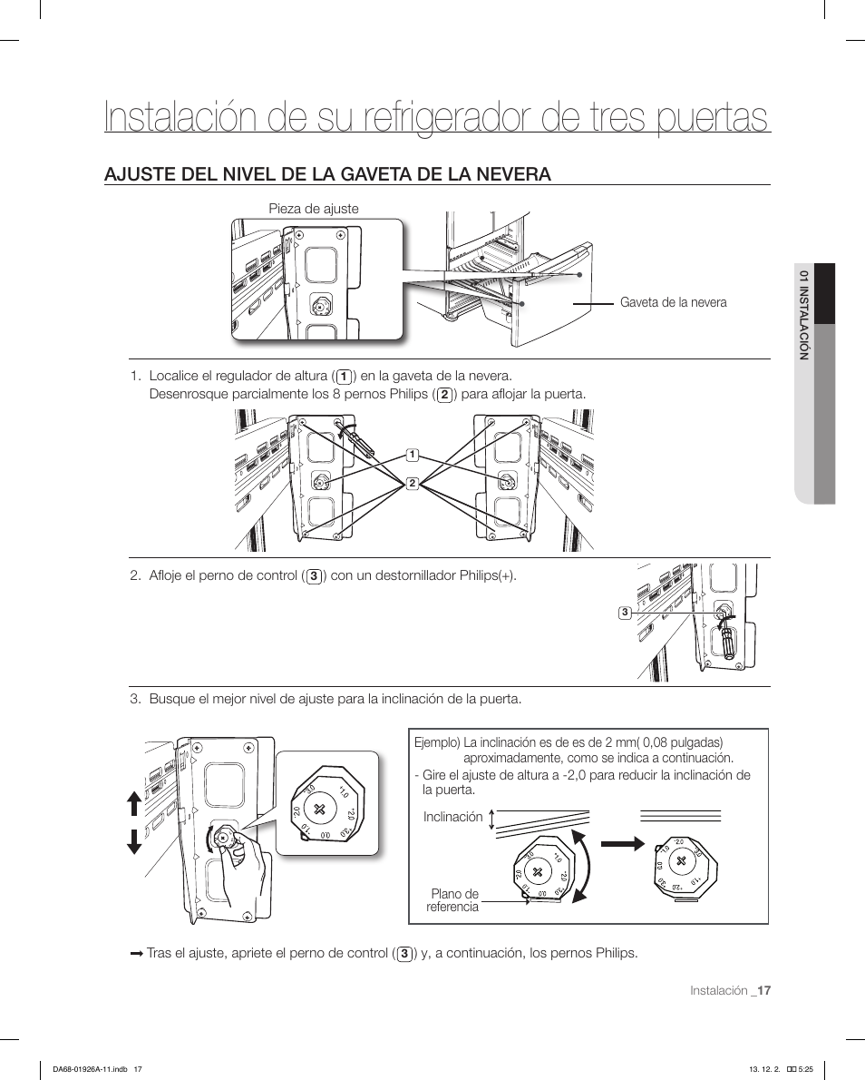 Instalación de su refrigerador de tres puertas, Ajuste del nivel de la gaveta de la nevera | Samsung RFG293HAWP-XAA User Manual | Page 55 / 76