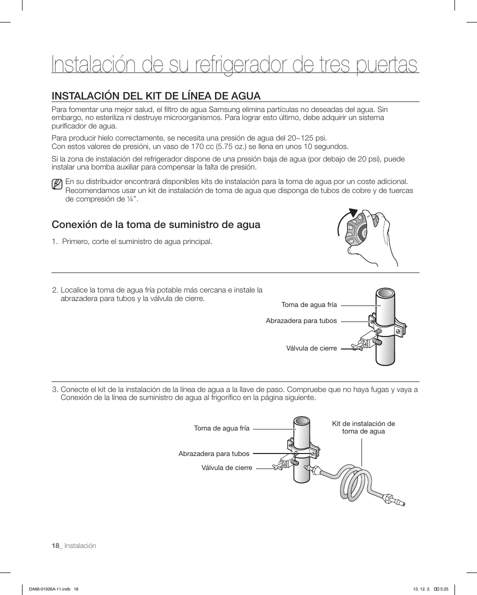 Instalación de su refrigerador de tres puertas, Instalación del kit de línea de agua, Conexión de la toma de suministro de agua | Samsung RFG293HAWP-XAA User Manual | Page 56 / 76