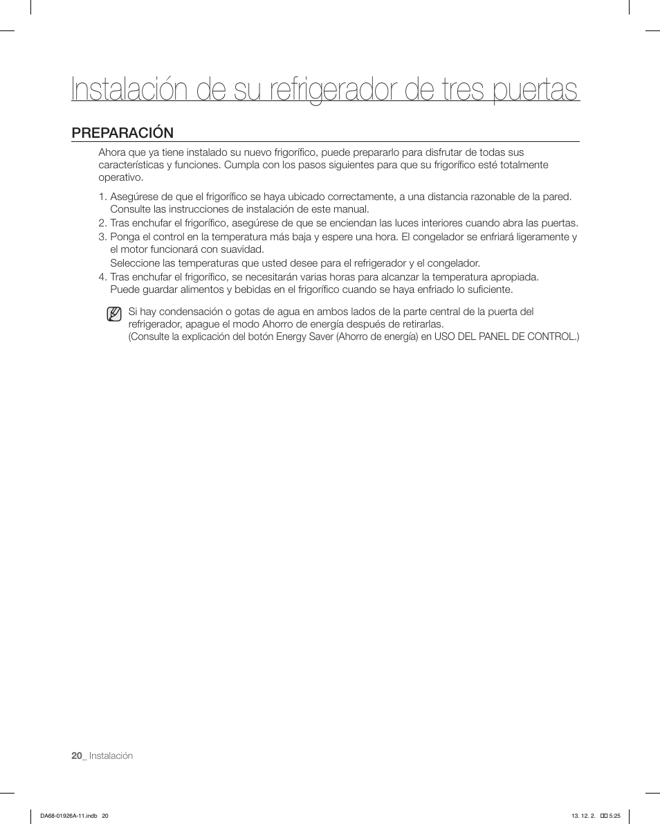 Instalación de su refrigerador de tres puertas, Preparación | Samsung RFG293HAWP-XAA User Manual | Page 58 / 76