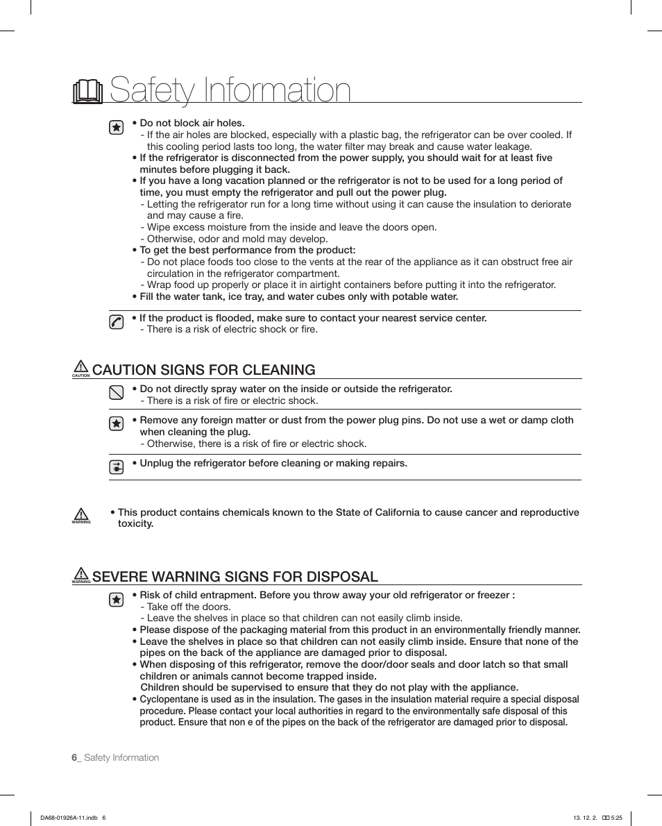 Safety information, Caution signs for cleaning, Severe warning signs for disposal | Samsung RFG293HAWP-XAA User Manual | Page 6 / 76