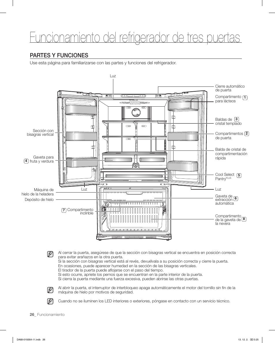 Funcionamiento del refrigerador de tres puertas, Partes y funciones | Samsung RFG293HAWP-XAA User Manual | Page 64 / 76