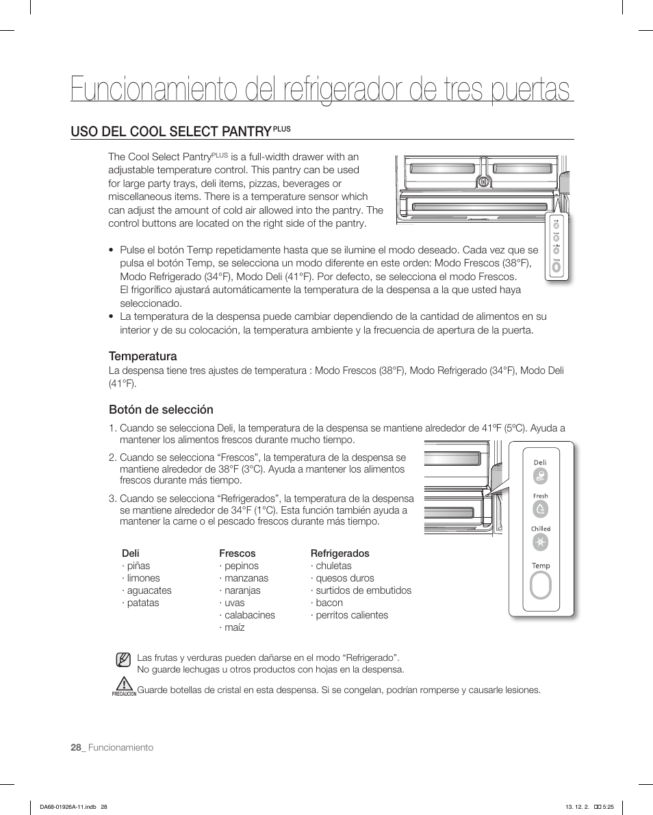 Funcionamiento del refrigerador de tres puertas, Uso del cool select pantry | Samsung RFG293HAWP-XAA User Manual | Page 66 / 76