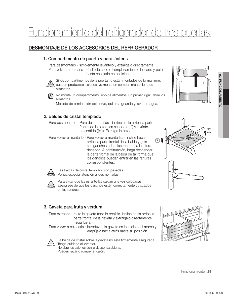Funcionamiento del refrigerador de tres puertas, Desmontaje de los accesorios del refrigerador, Compartimento de puerta y para lácteos | Baldas de cristal templado, Gaveta para fruta y verdura | Samsung RFG293HAWP-XAA User Manual | Page 67 / 76