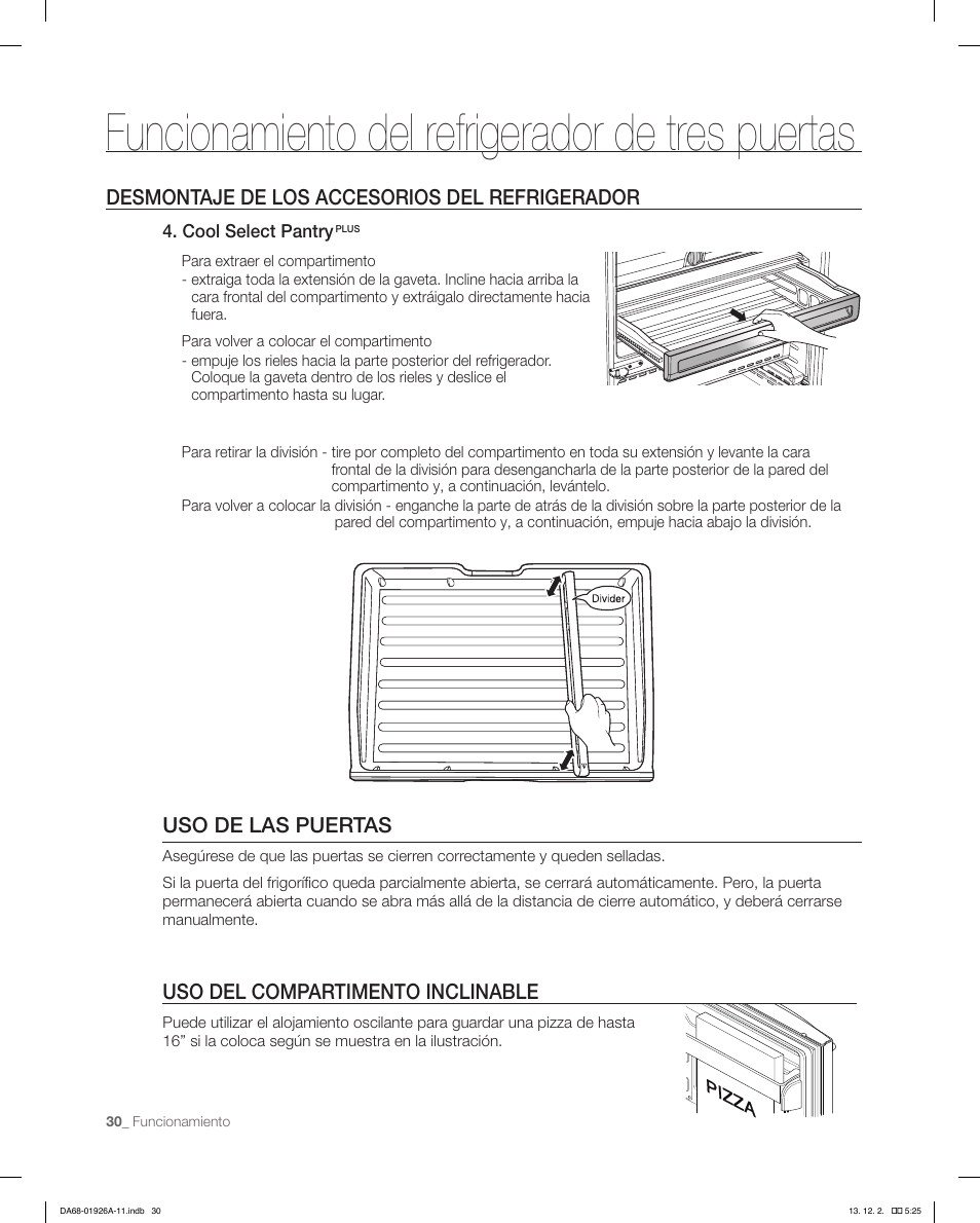 Funcionamiento del refrigerador de tres puertas, Uso del compartimento inclinable, Uso de las puertas | Desmontaje de los accesorios del refrigerador | Samsung RFG293HAWP-XAA User Manual | Page 68 / 76
