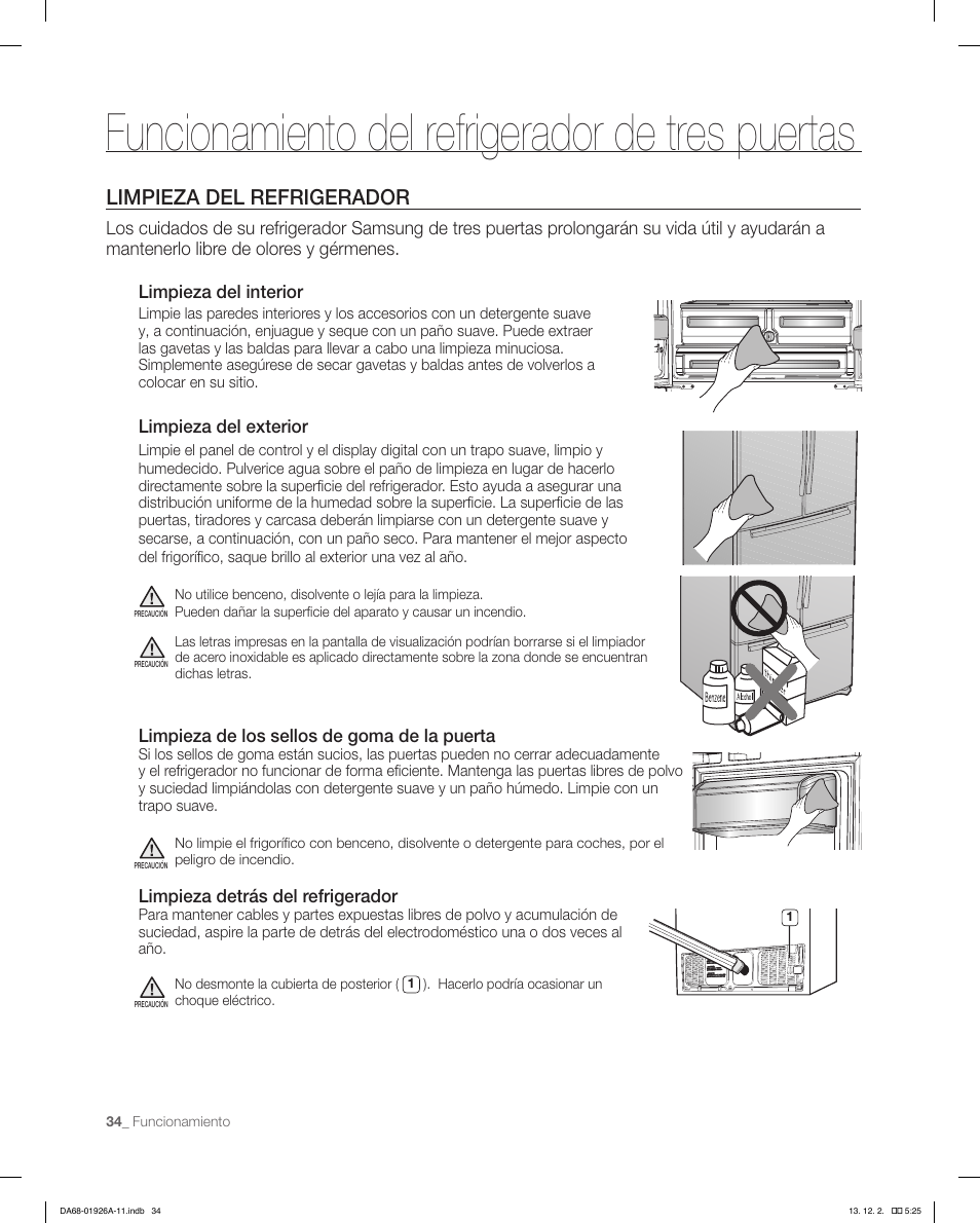 Funcionamiento del refrigerador de tres puertas, Limpieza del refrigerador | Samsung RFG293HAWP-XAA User Manual | Page 72 / 76