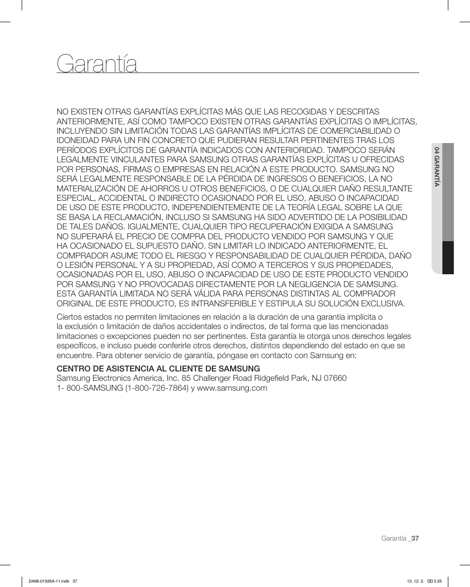 Garantía | Samsung RFG293HAWP-XAA User Manual | Page 75 / 76