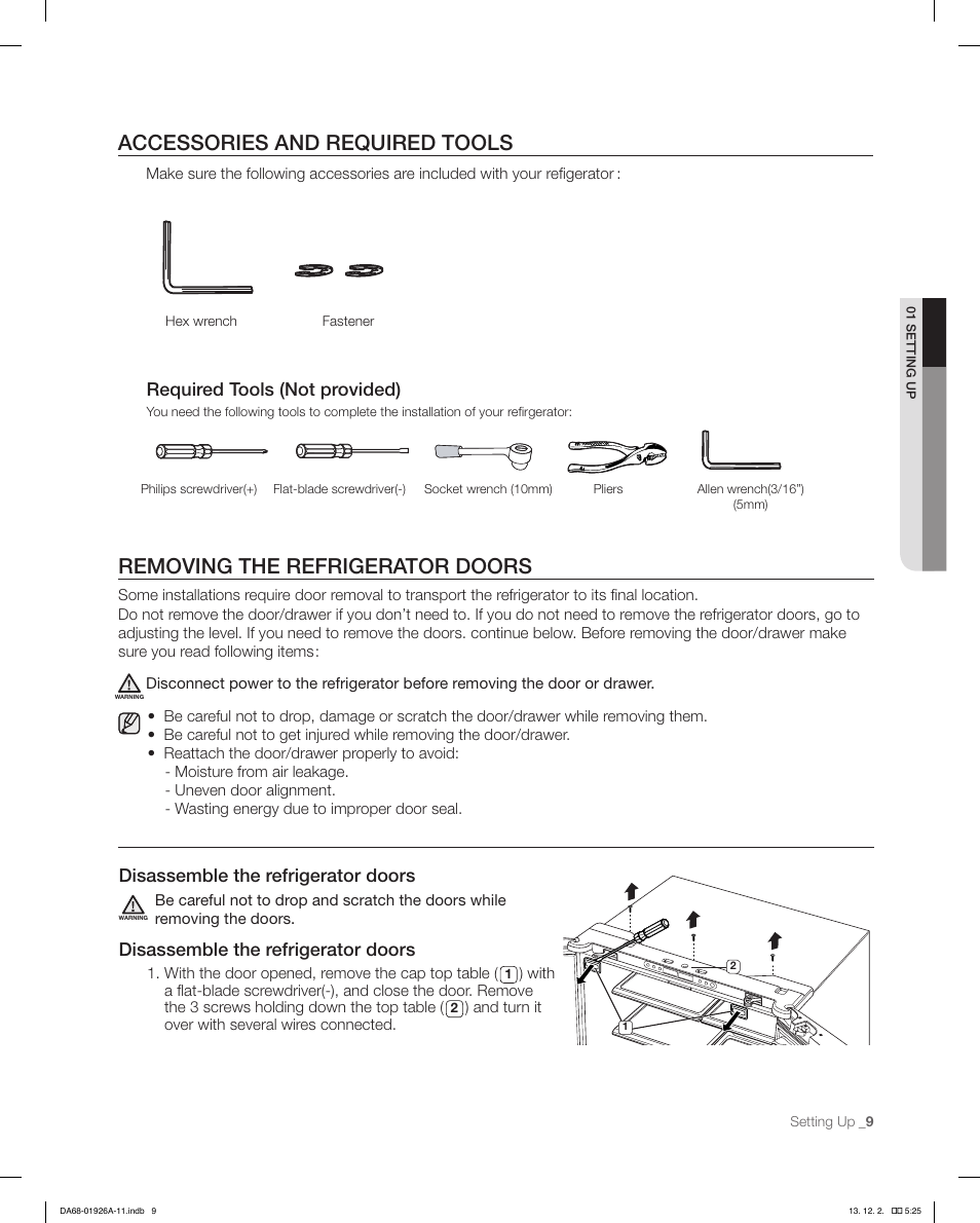 Accessories and required tools, Removing the refrigerator doors, Required tools (not provided) | Disassemble the refrigerator doors | Samsung RFG293HAWP-XAA User Manual | Page 9 / 76