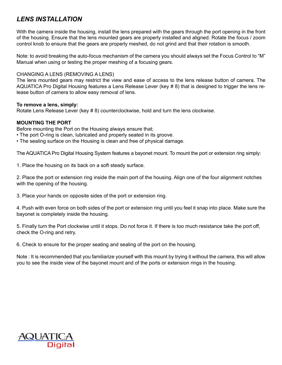 Lens installation | Aquatica Nikon AD80 User Manual | Page 10 / 16