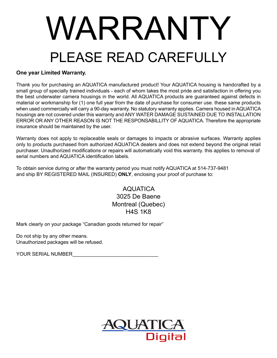 Warranty, Please read carefully | Aquatica Nikon AD80 User Manual | Page 16 / 16