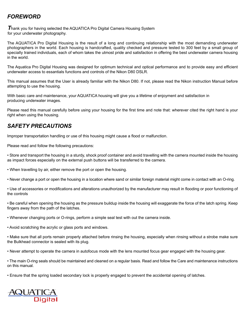 Foreword t, Safety precautions | Aquatica Nikon AD80 User Manual | Page 2 / 16