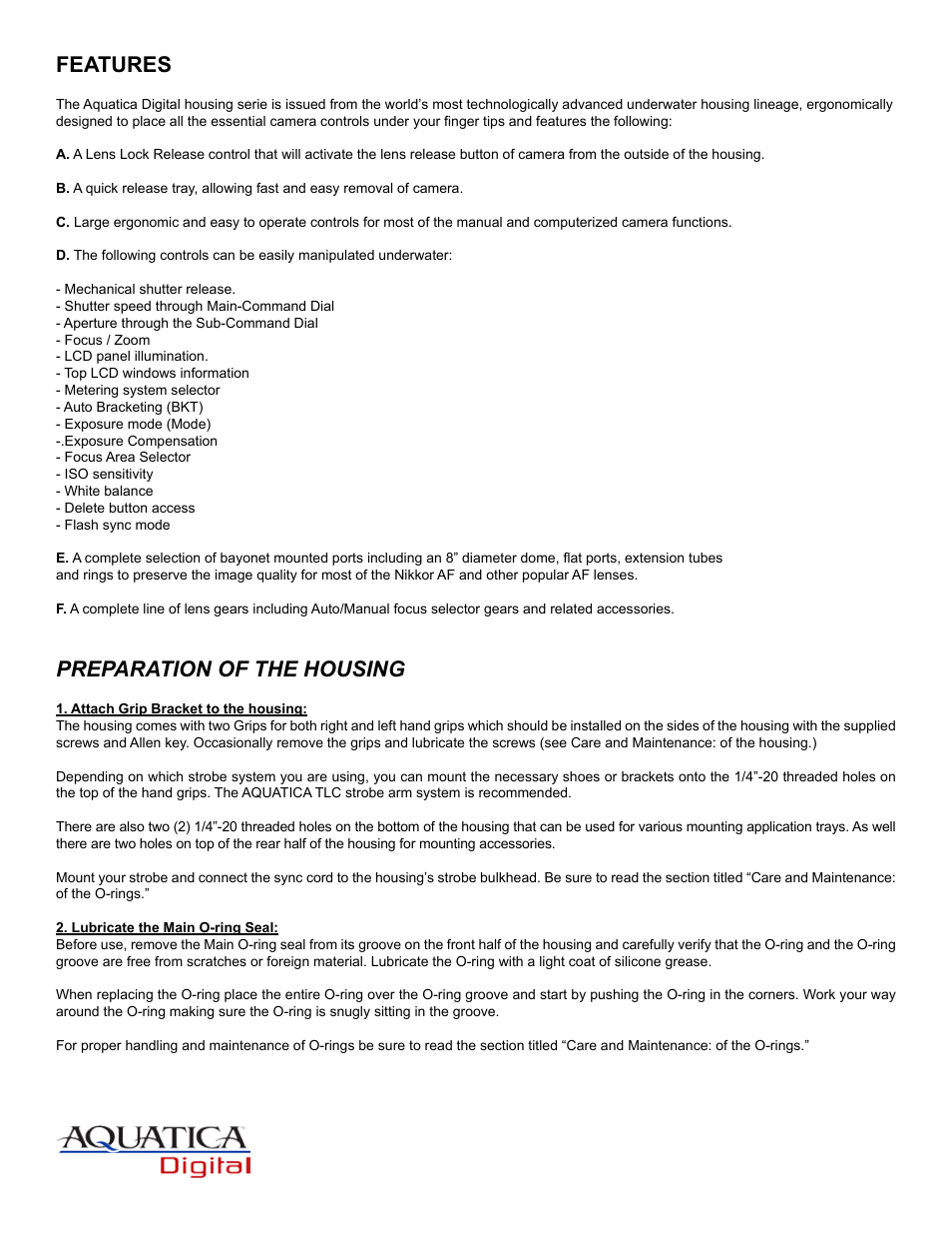 Features, Preparation of the housing | Aquatica Nikon AD80 User Manual | Page 6 / 16