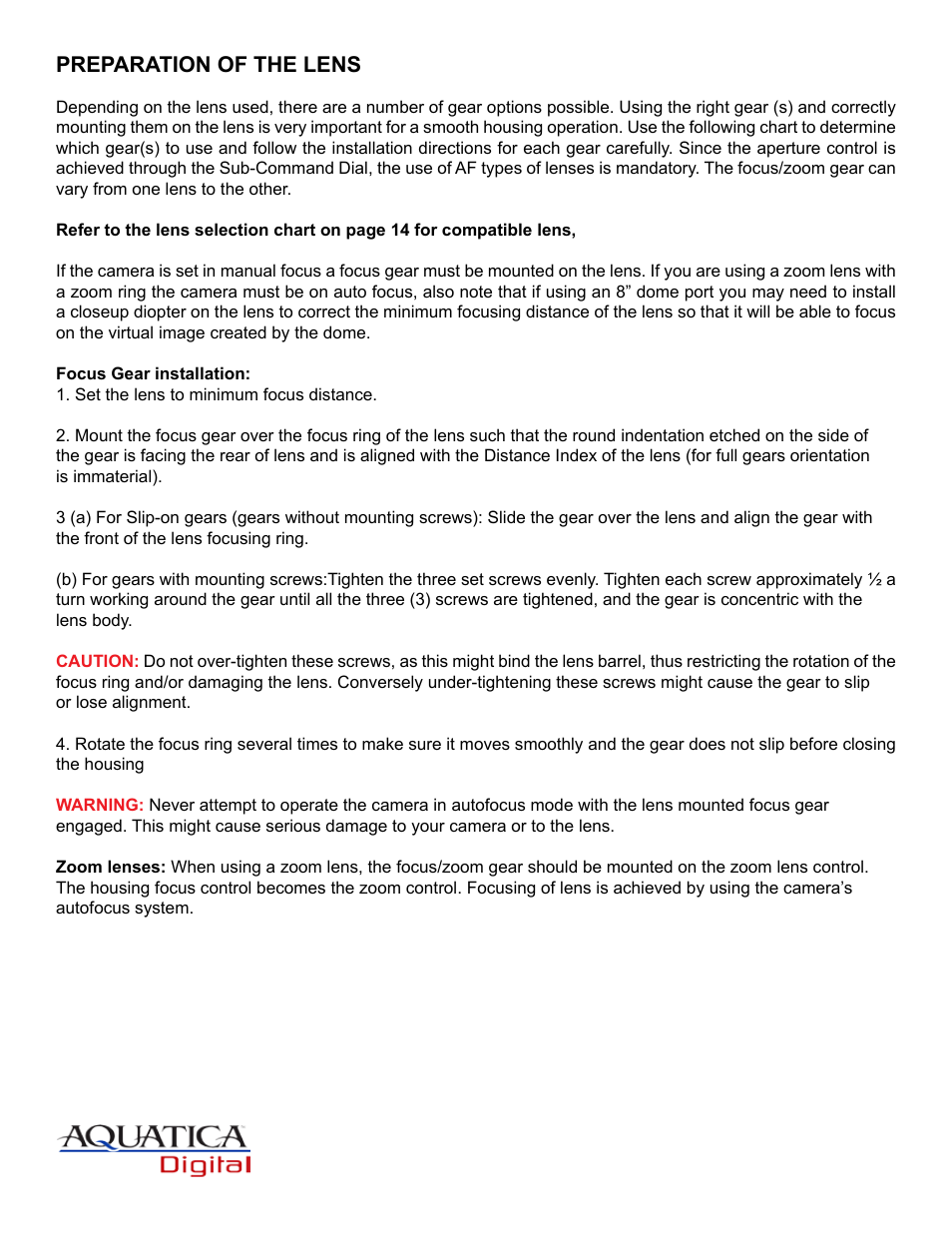 Preparation of the lens | Aquatica Nikon AD80 User Manual | Page 8 / 16