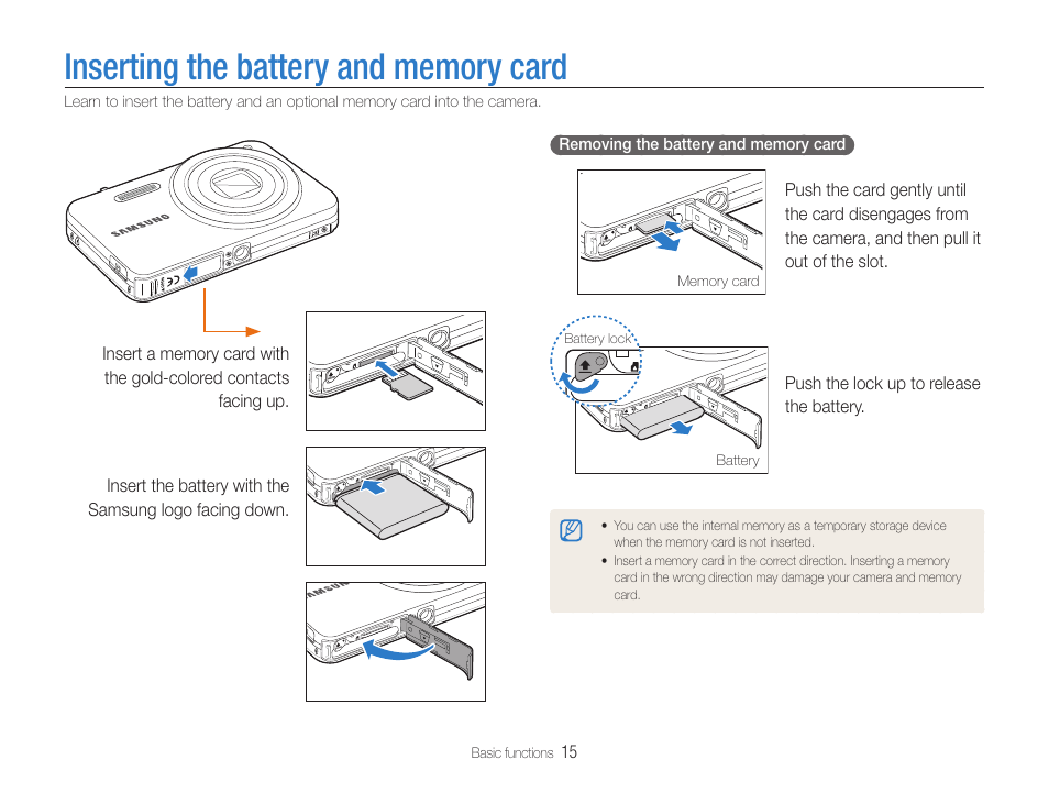 Inserting the battery and memory card | Samsung EC-ST90ZZBPSUS User Manual | Page 16 / 113