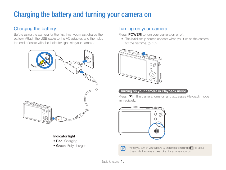 Charging the battery and turning your camera on, Charging the battery, Turning on your camera | Samsung EC-ST90ZZBPSUS User Manual | Page 17 / 113