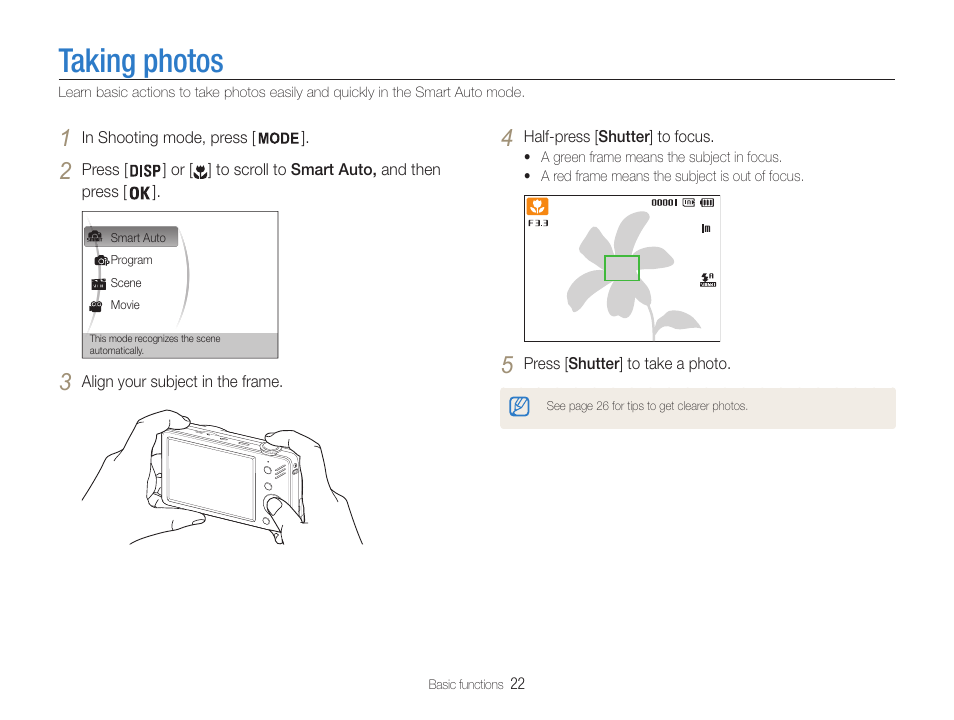 Taking photos | Samsung EC-ST90ZZBPSUS User Manual | Page 23 / 113
