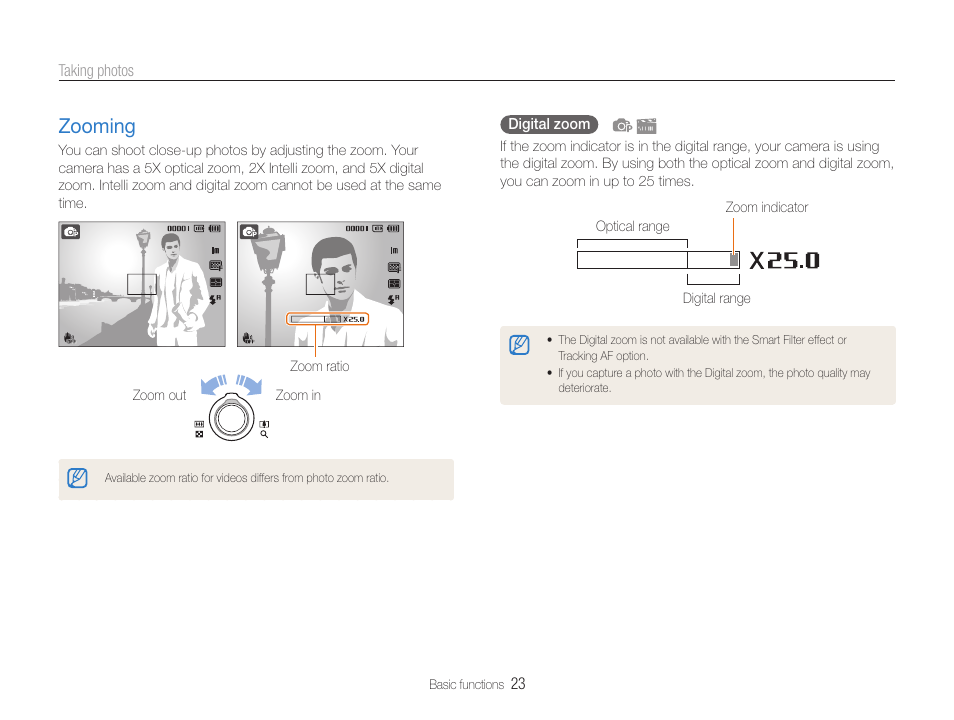 Zooming, Zooming …………………………………………… 23 | Samsung EC-ST90ZZBPSUS User Manual | Page 24 / 113