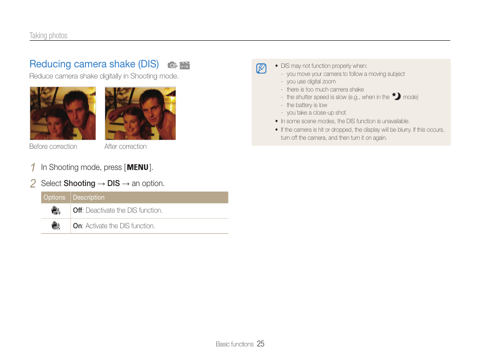 Reducing camera shake (dis), Reducing camera shake (dis) ……………………… 25 | Samsung EC-ST90ZZBPSUS User Manual | Page 26 / 113