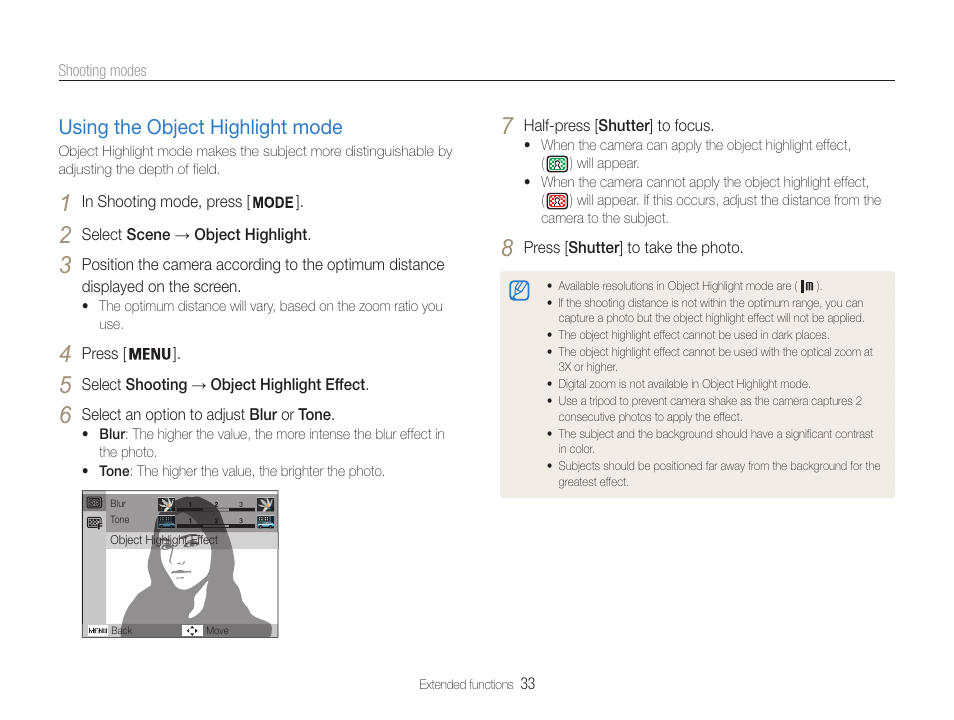 Using the object highlight mode, Using the object highlight mode …………………… 33 | Samsung EC-ST90ZZBPSUS User Manual | Page 34 / 113