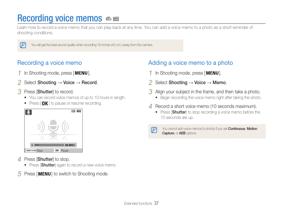 Recording voice memos, Recording a voice memo, Adding a voice memo to a photo | Samsung EC-ST90ZZBPSUS User Manual | Page 38 / 113