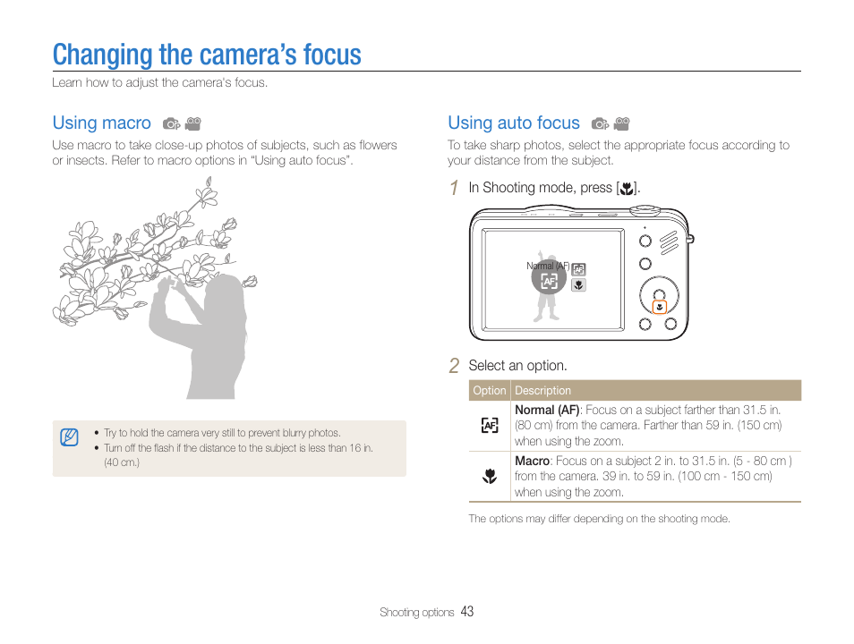 Changing the camera’s focus, Using macro, Using auto focus | Samsung EC-ST90ZZBPSUS User Manual | Page 44 / 113