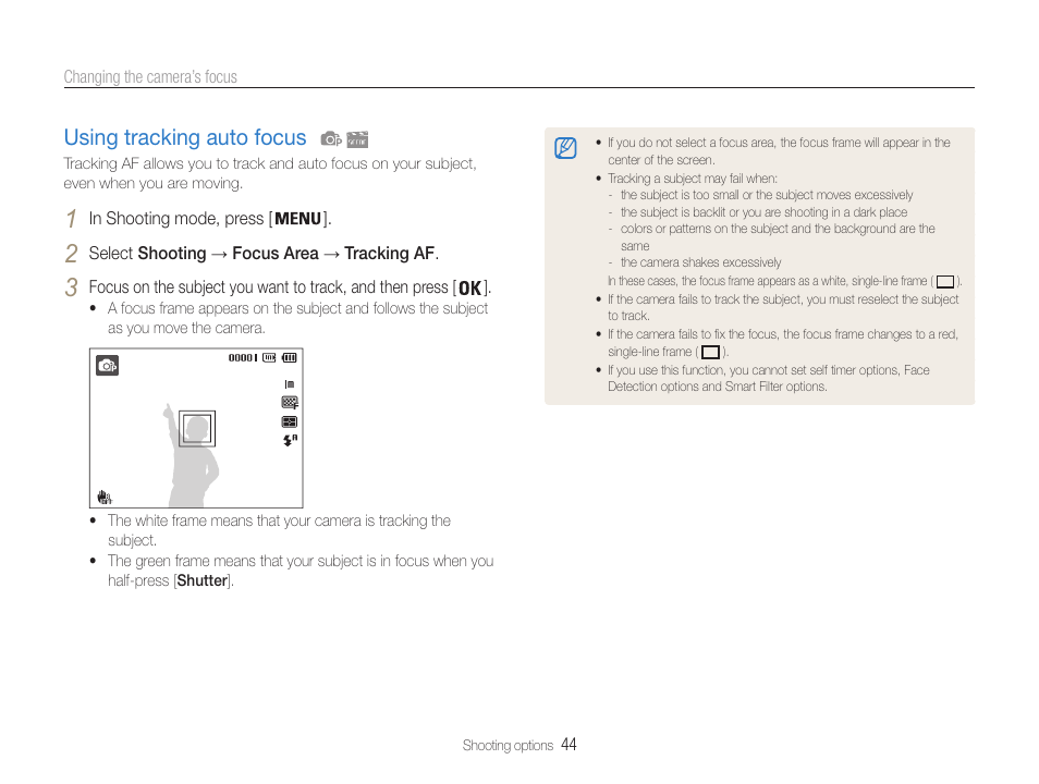 Using tracking auto focus, Using tracking auto focus ………………… 44 | Samsung EC-ST90ZZBPSUS User Manual | Page 45 / 113