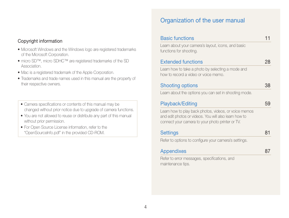 Organization of the user manual | Samsung EC-ST90ZZBPSUS User Manual | Page 5 / 113