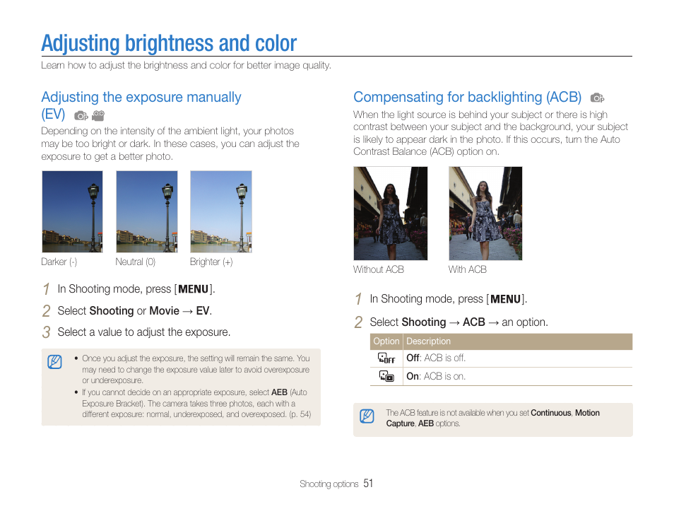 Adjusting brightness and color, Adjusting the exposure manually (ev), Compensating for backlighting (acb) | Samsung EC-ST90ZZBPSUS User Manual | Page 52 / 113