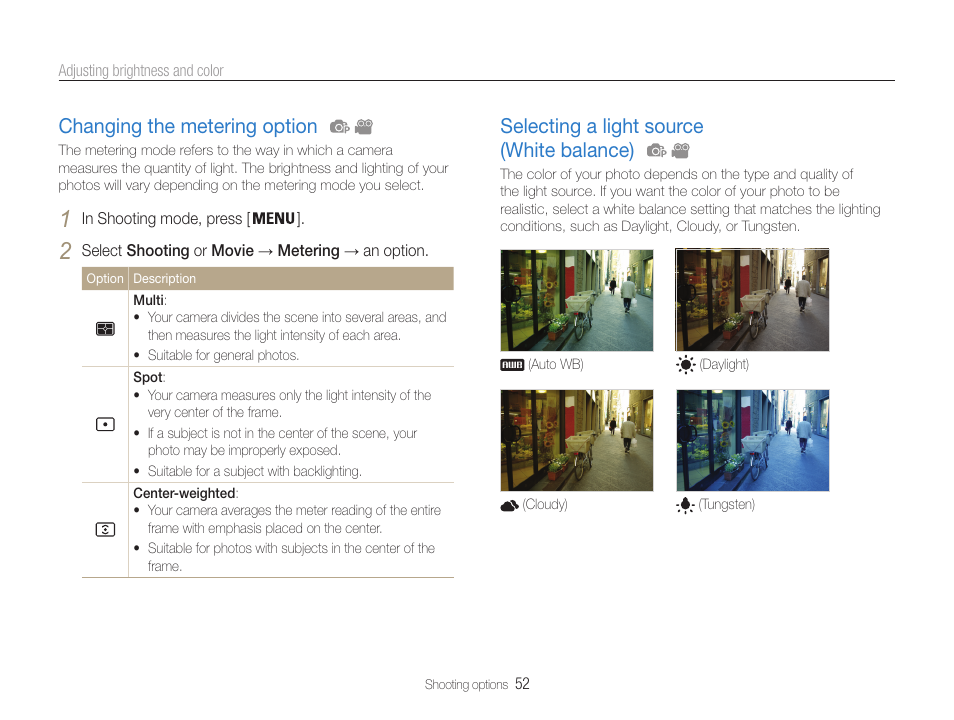 Changing the metering option, Selecting a light source (white balance) | Samsung EC-ST90ZZBPSUS User Manual | Page 53 / 113