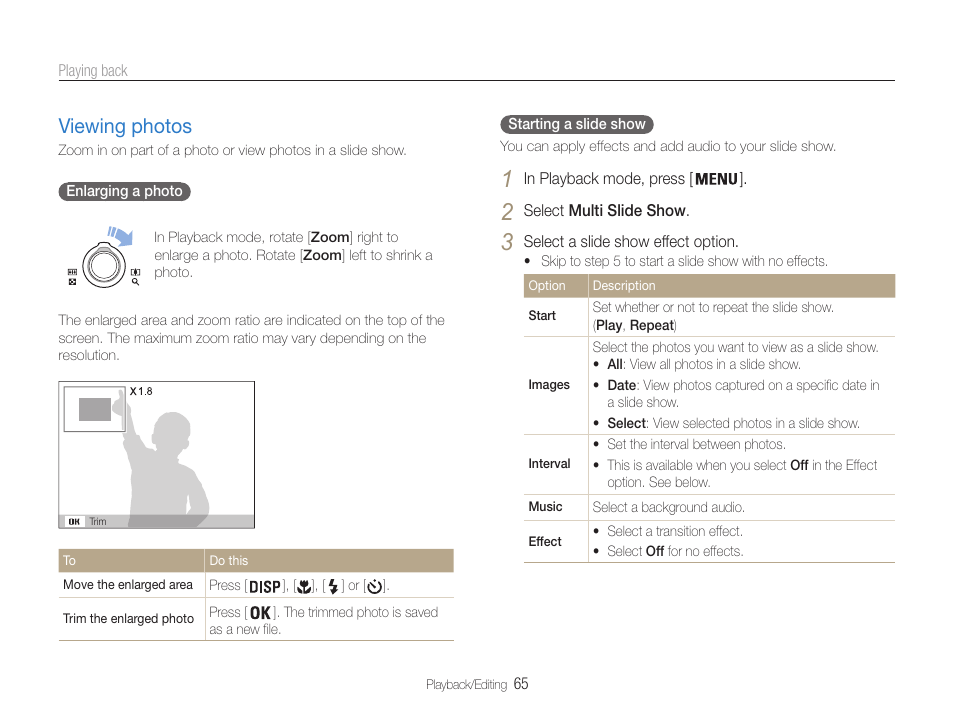 Viewing photos, Viewing photos …………………………… 65 | Samsung EC-ST90ZZBPSUS User Manual | Page 66 / 113